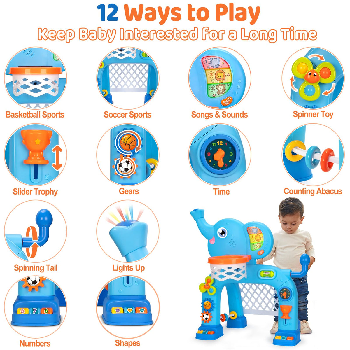KIZZYEA elephant rotating gears demonstrate cause-and-effect during play.