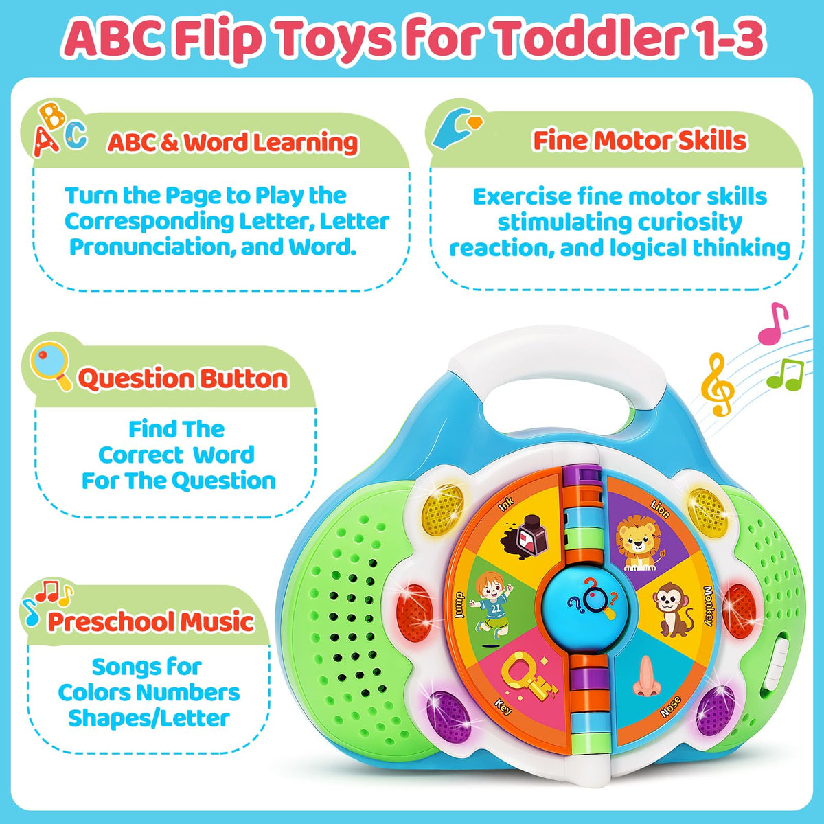KIZZYEA letters and words buttons reveal letter names and simple words.
