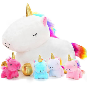 KIZZYEA unicorn mommy belly open zipper reveals four baby unicorns for imaginative play.