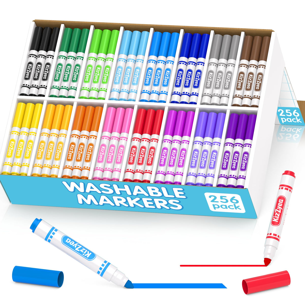 KIZZYEA 256-pack washable markers in organized box ready for classroom use.