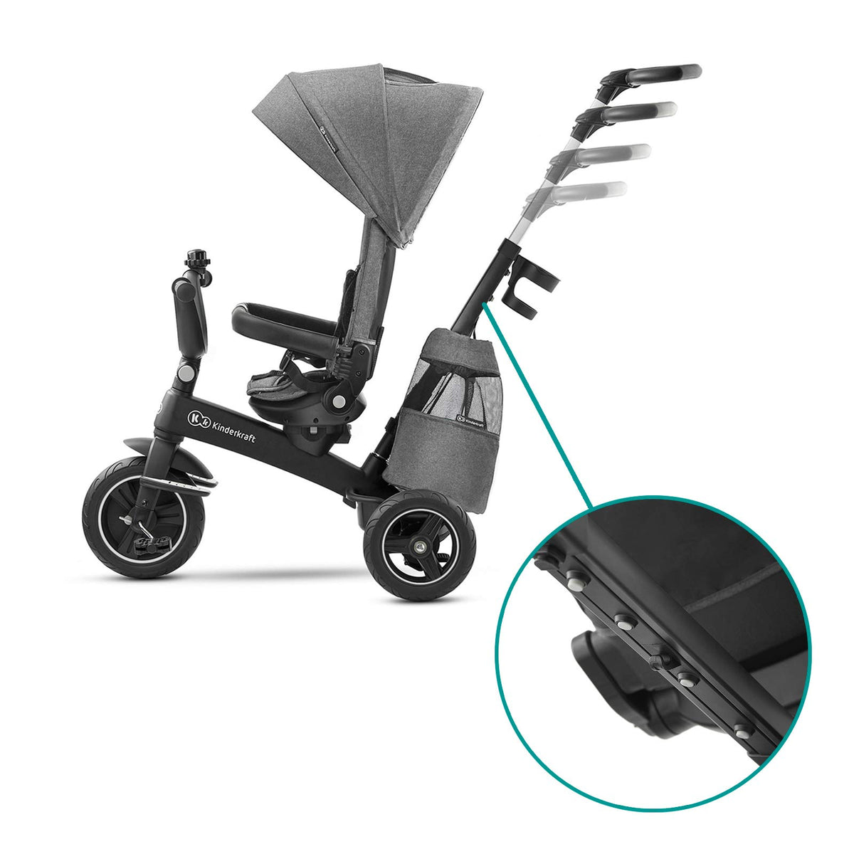 Kinderkraft Easystwist tricycle five-point harness and guardrail for secure rides