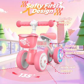 Kkdi balance bike glowing wheels in the dark, increasing visibility.