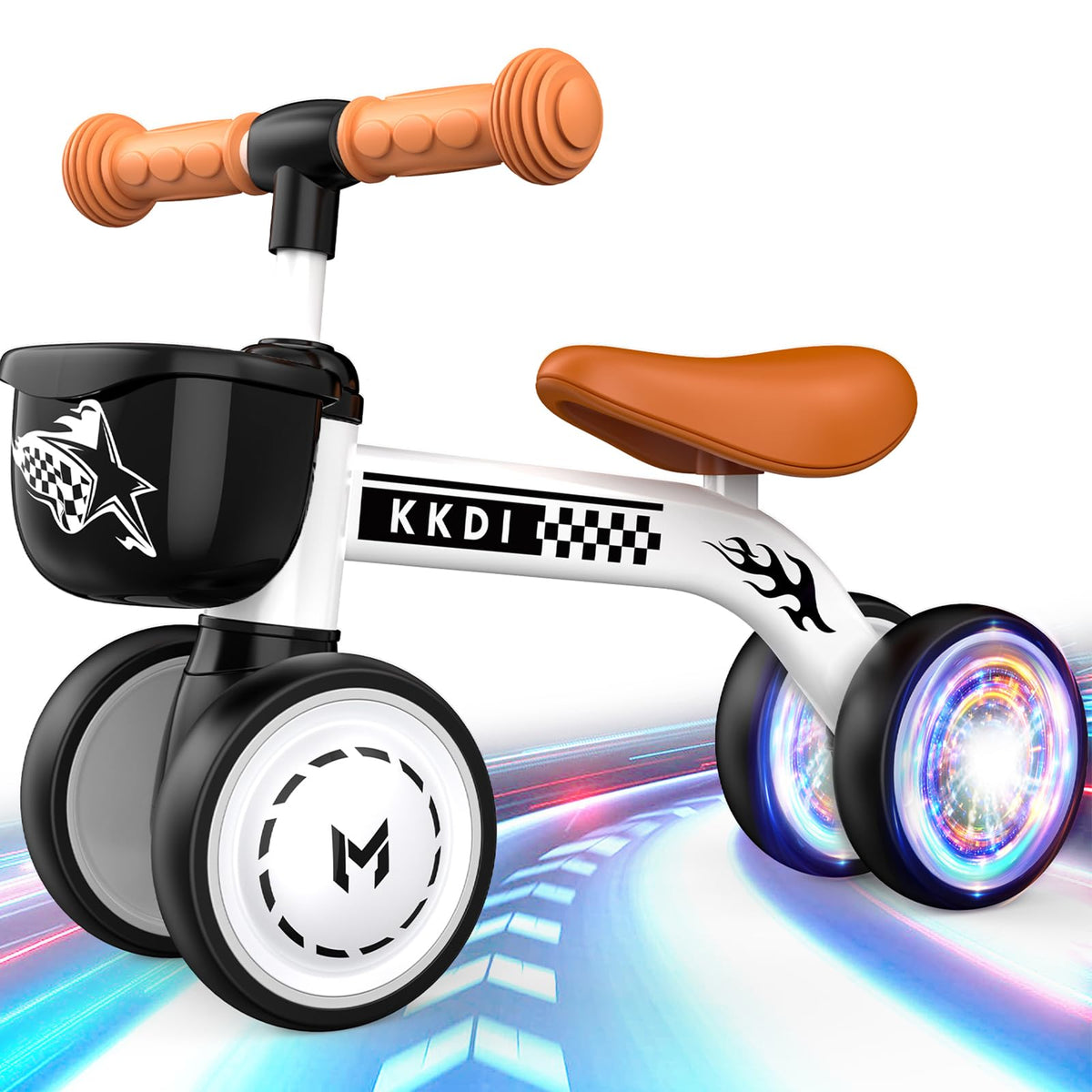 KKdi baby balance bike glowing wheels for safer night rides.