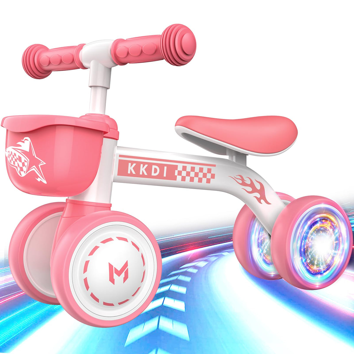 Kkdi Baby Balance Bike pink front view with sturdy frame for secure rides.