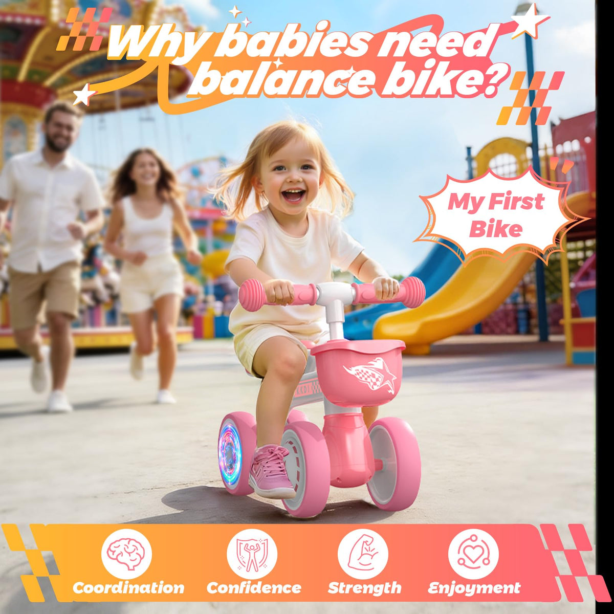 Kkdi pink balance bike soft seat for a comfortable ride.