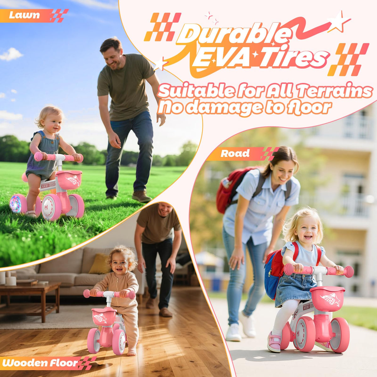 Kkdi balance bike shows 135-degree steering limit for stability.