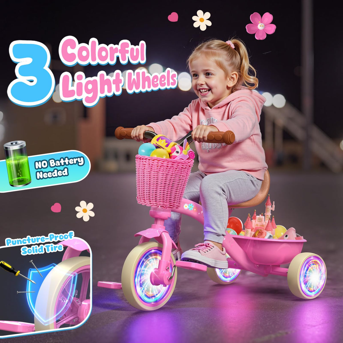 Kkdi Tricycle featuring glowing wheels for safer night rides.