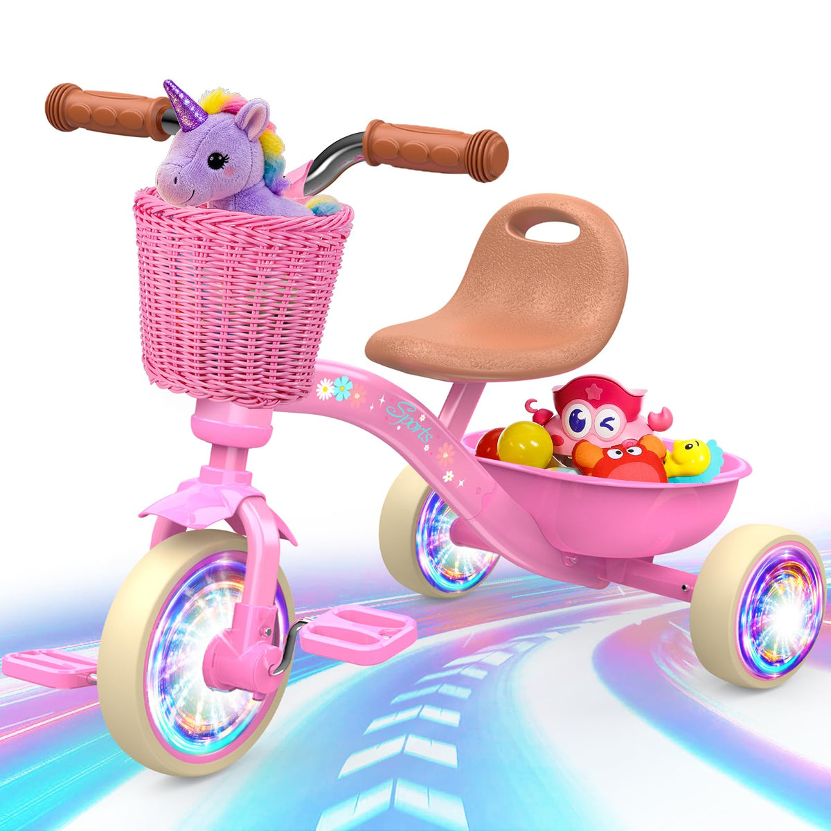 Kkdi Toddler Tricycle with pink frame perfect for gentle outdoor rides.