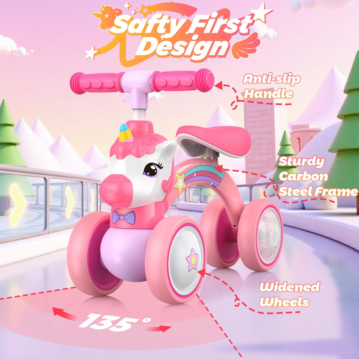 Kkdi Unicorn Balance Bike 135-degree steering promotes stable beginner handling