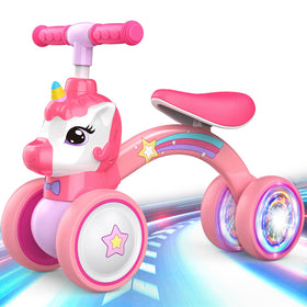 Kkdi Unicorn Balance Bike with glowing wheels boosts night visibility during play