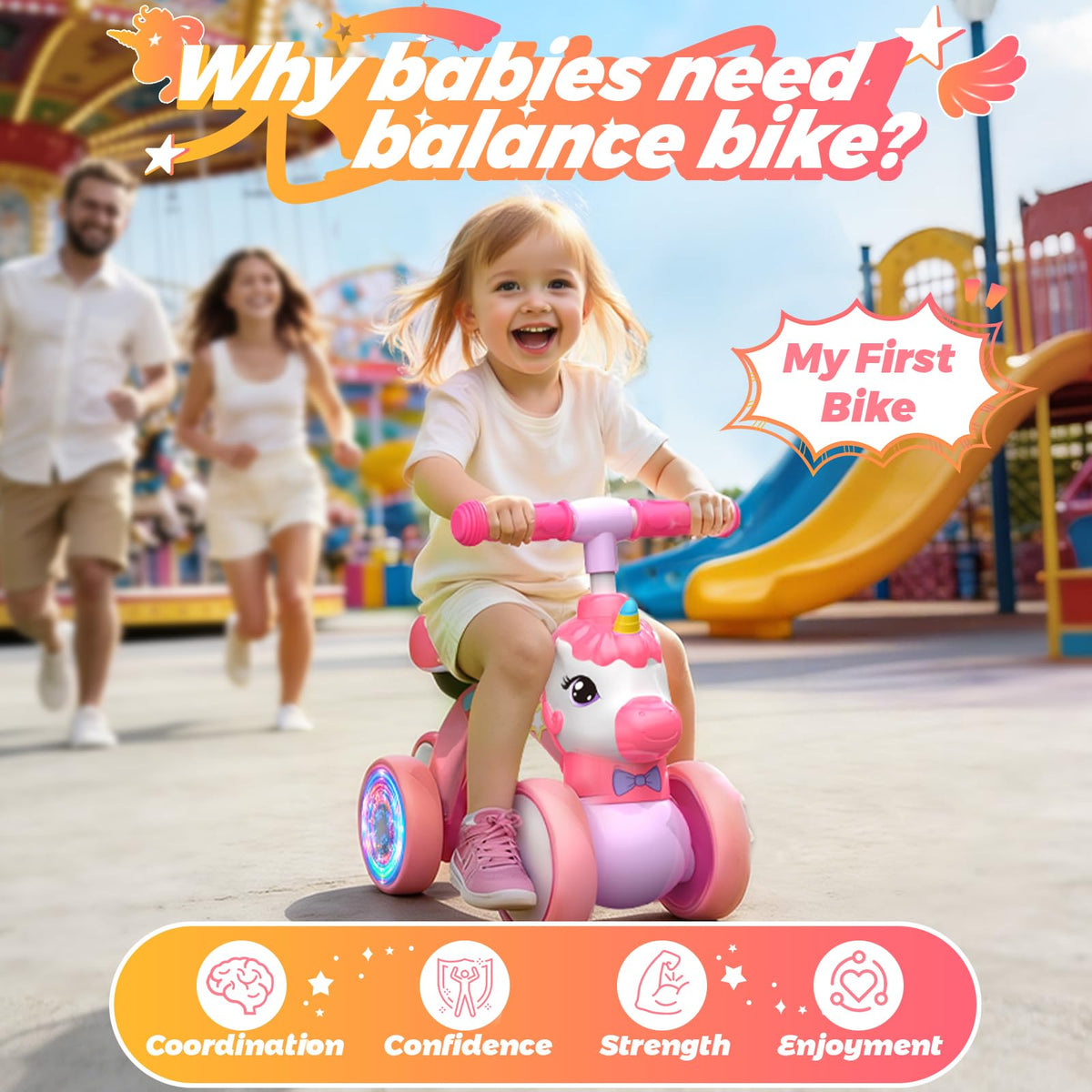 Kkdi Unicorn Balance Bike non-slip grips give secure hand placement for toddlers
