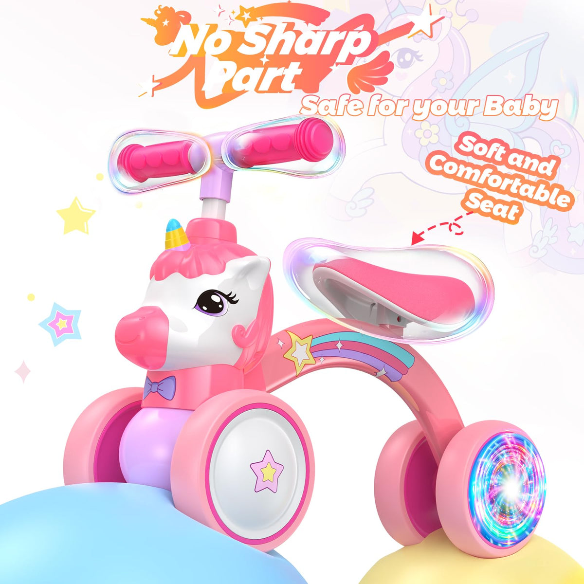 Kkdi Unicorn Balance Bike soft seat ensures comfortable rides for toddlers