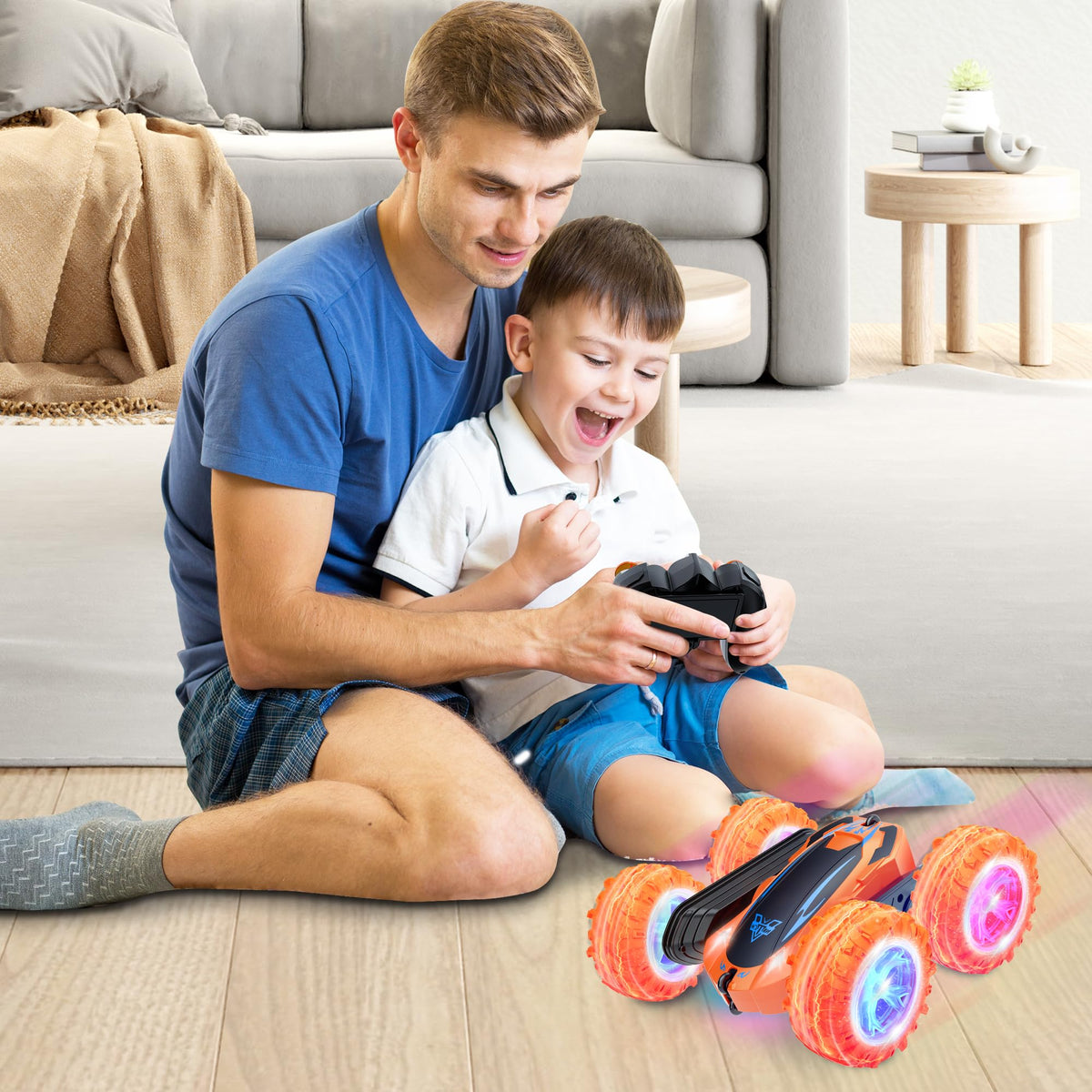 KKONES stunt car endures bumps with protective wheels for longer play.