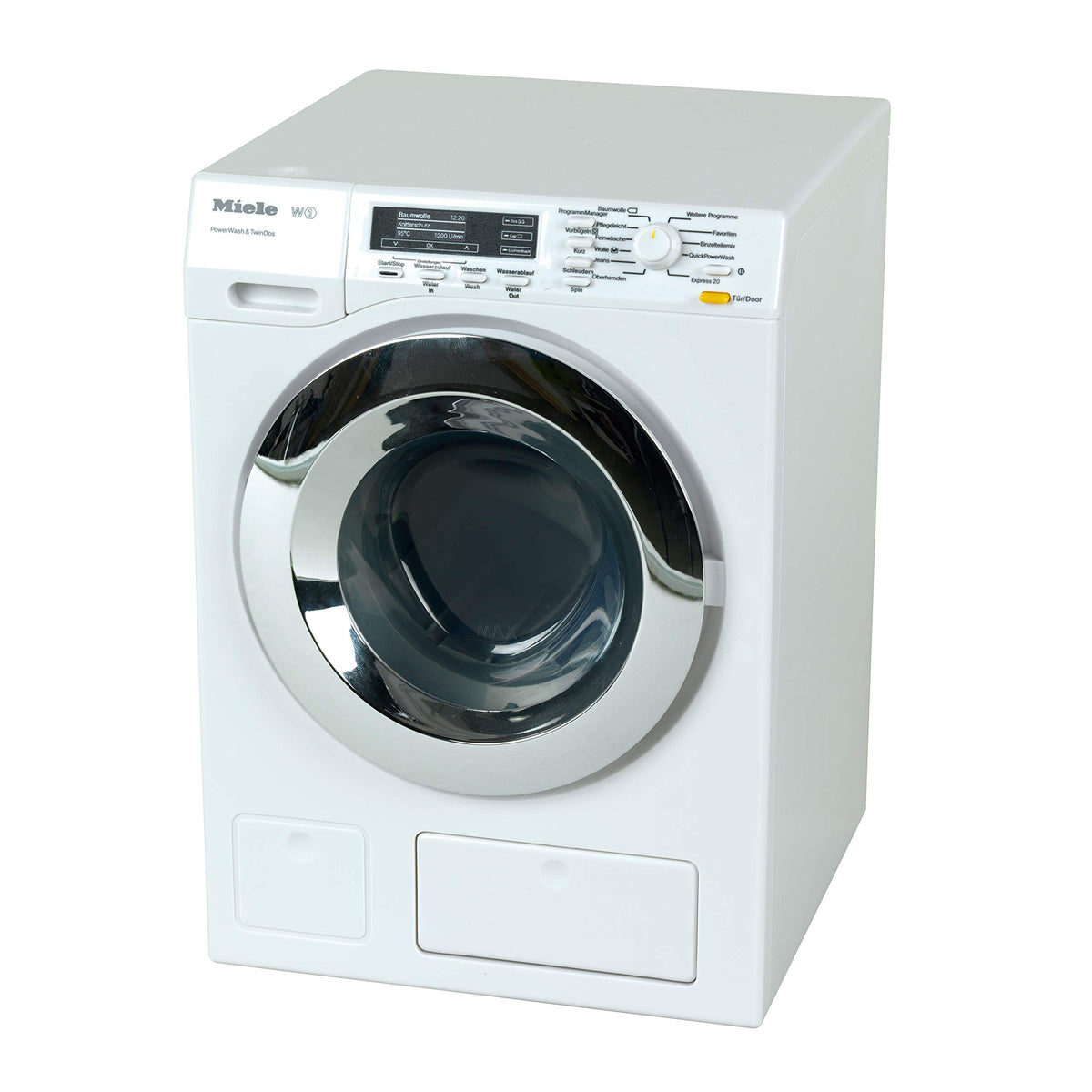 Klein Theo Miele washing machine front view, sturdy toy for imaginative play.