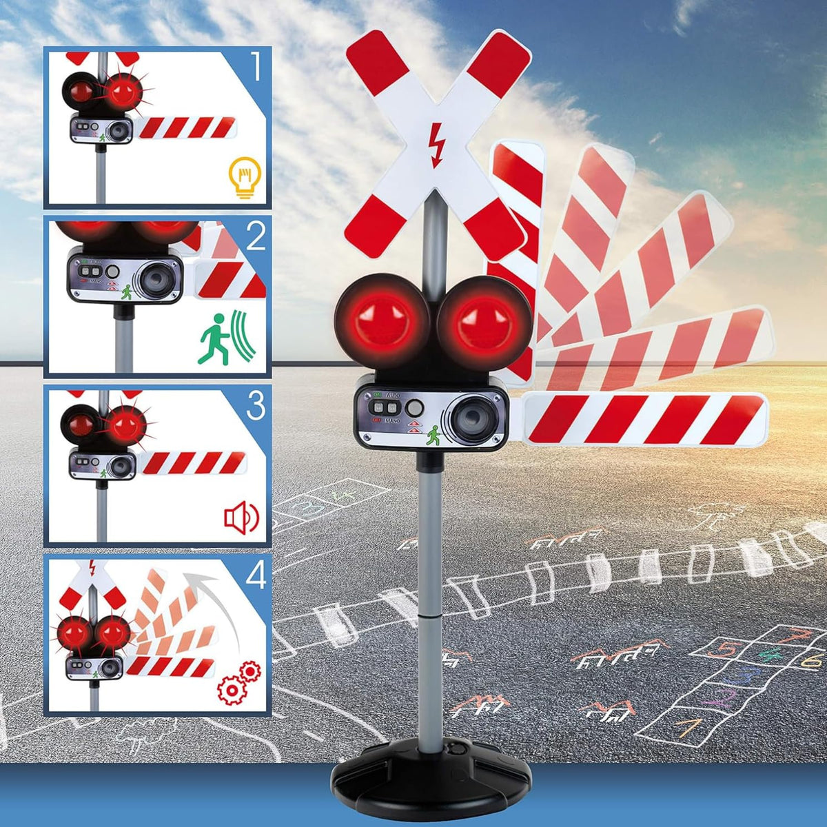 Klein Theo movable barrier action mirrors real crossing behavior for kids.