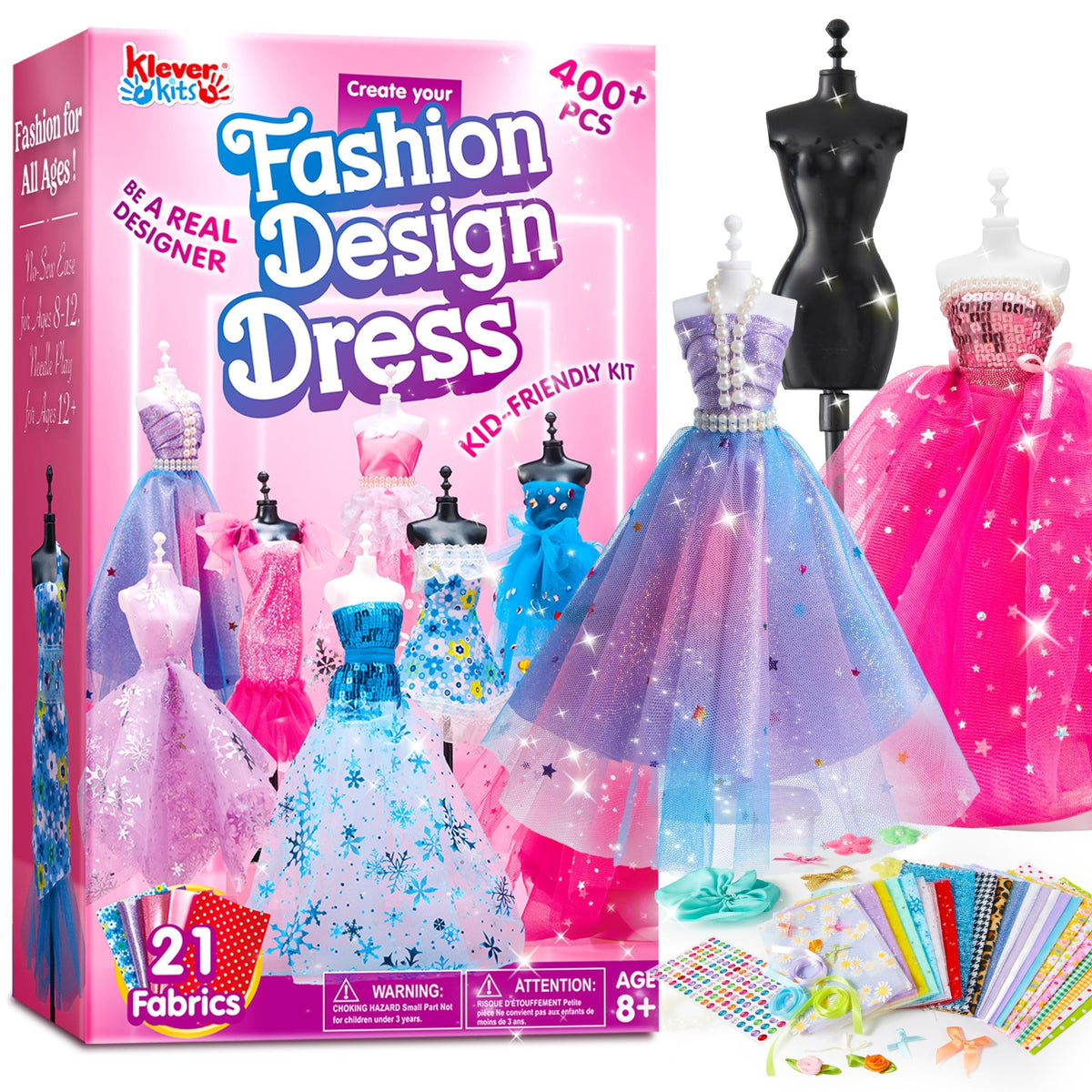 Klever Kits 400+ piece fashion design set enabling sewing-free outfit creation.