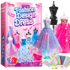 Klever Kits 400+ piece fashion design set enabling sewing-free outfit creation.
