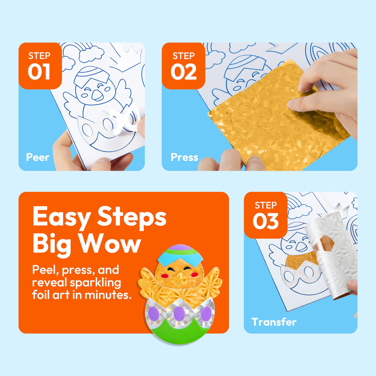 Klever Kits Easter Foil Art Kit arts and crafts bundle boosts fine motor skills through careful placing.