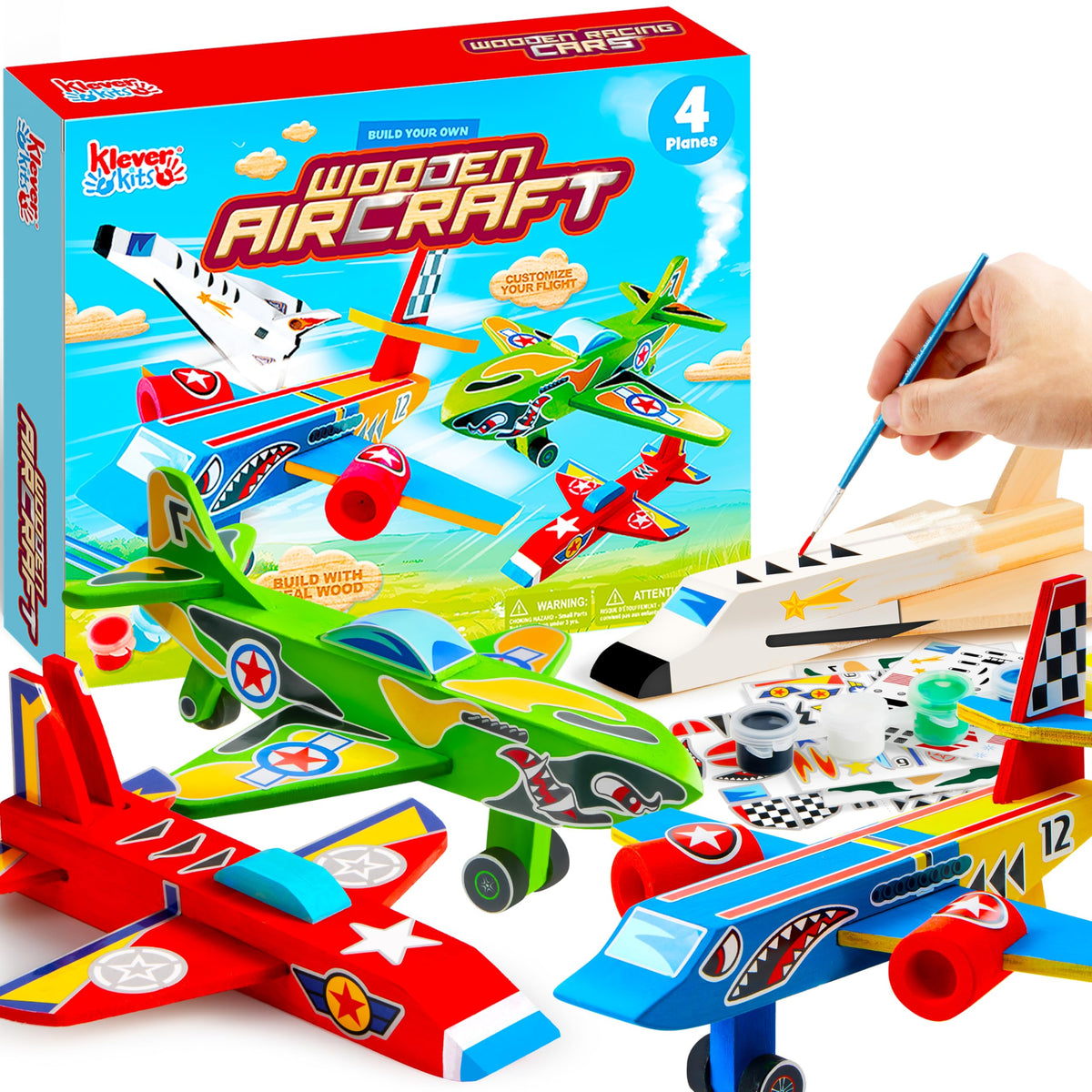 Klever Kits four aircraft models assembled for display and imaginative play.