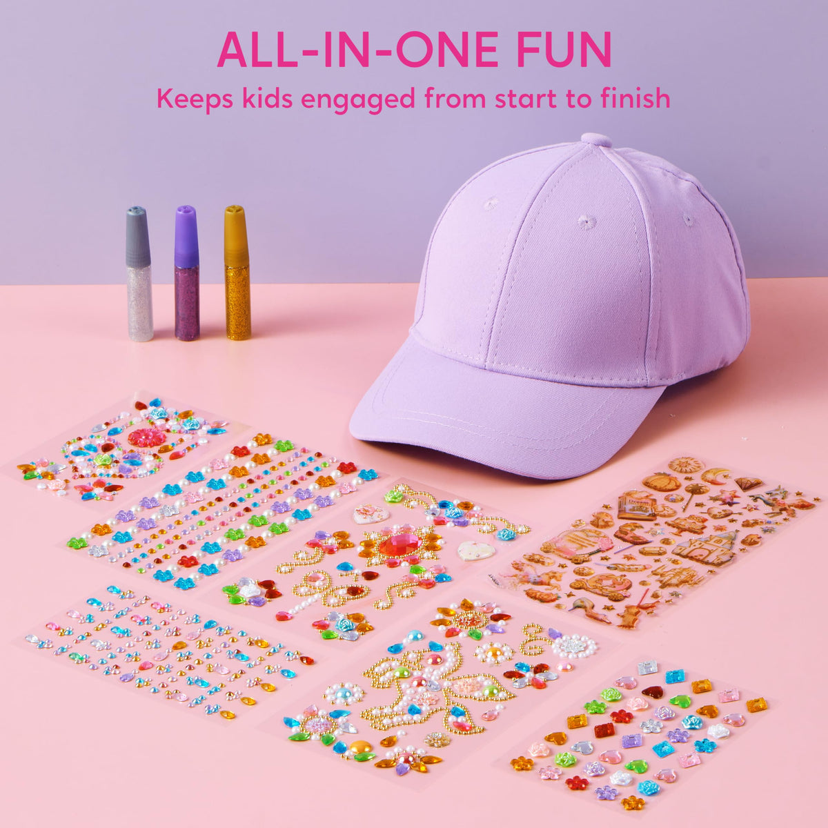 Klever Kits Gem Hat Kit: glitter glues add sparkling accents for vibrant, long-lasting designs.