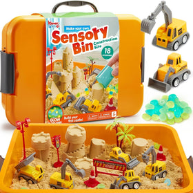 Klever Kits JOVA construction sensory bin with tools and glow rocks for creative play.