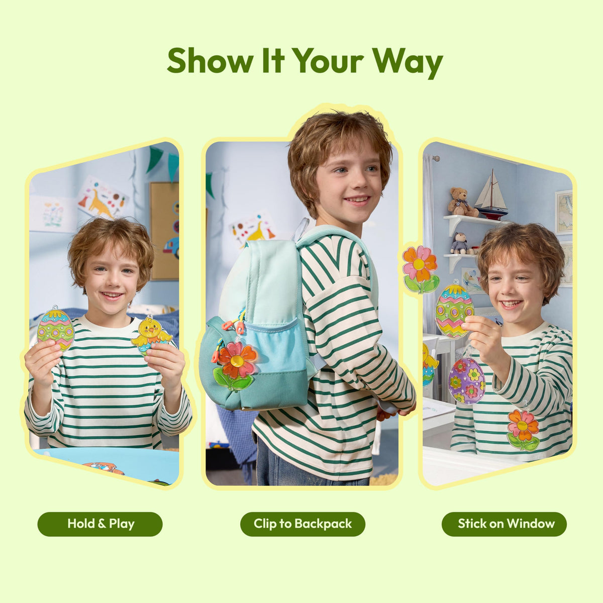 Klever Kits kids art display featuring colorful suncatchers