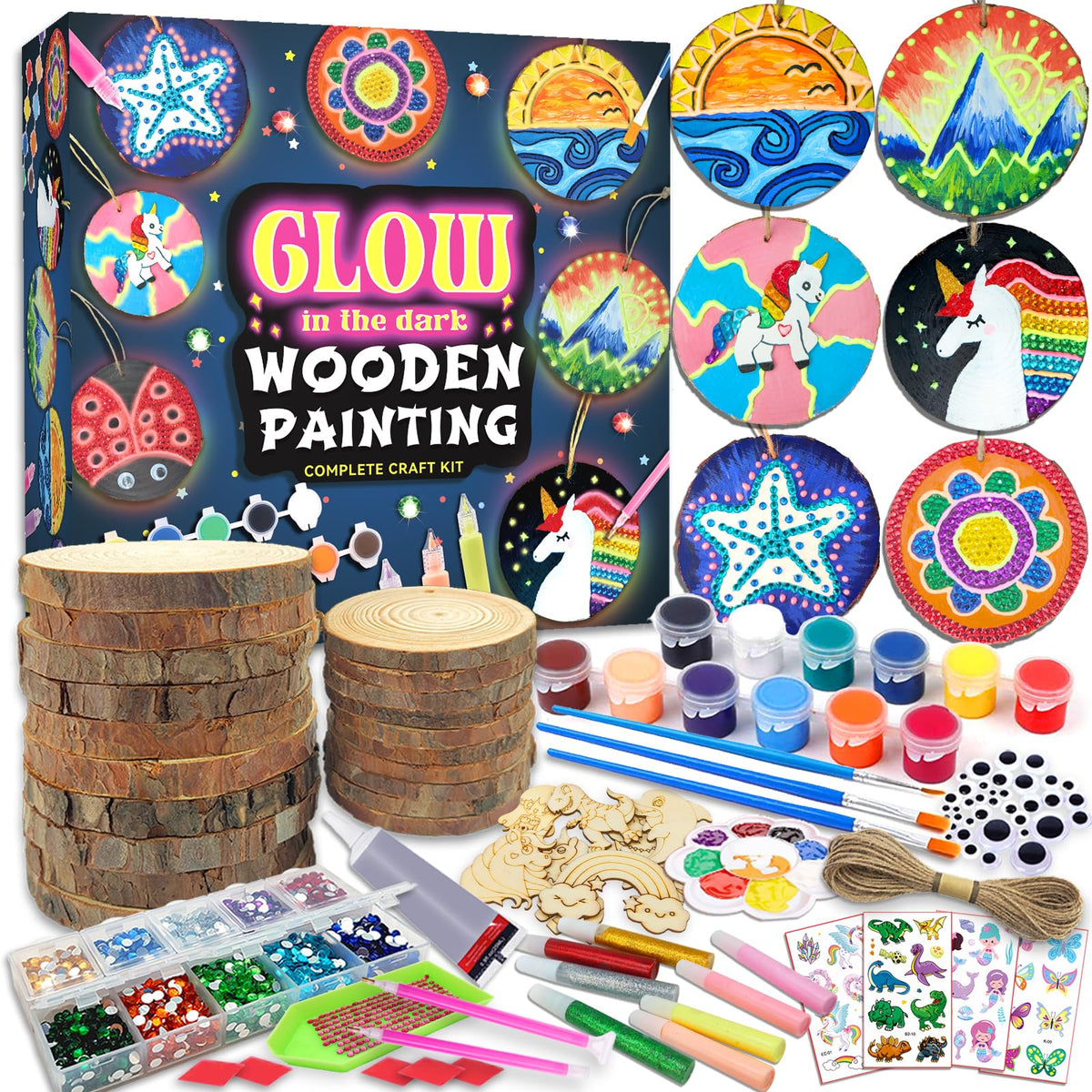 Klmars glow-in-the-dark wood slice paint kit inspires imaginative play and glowing art.