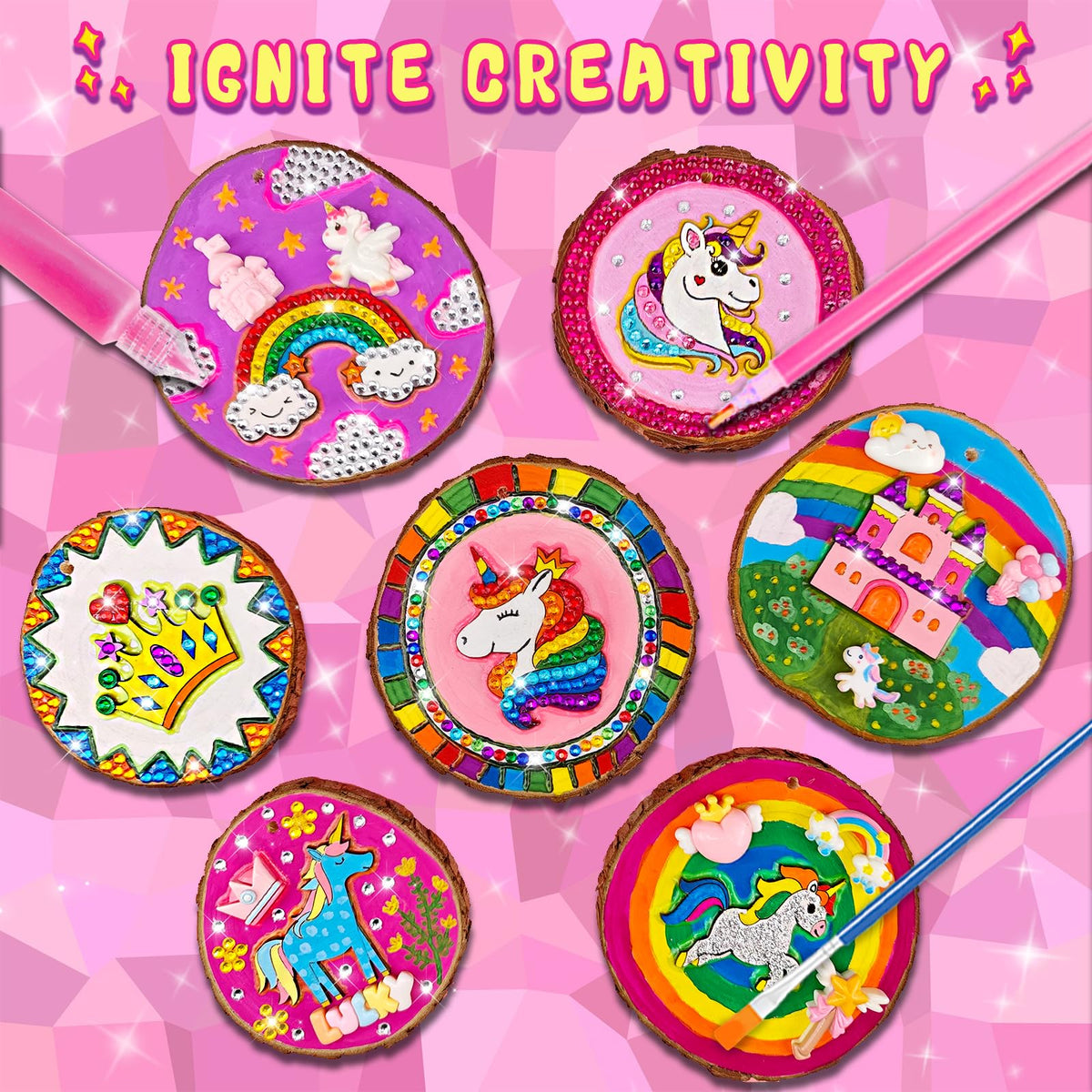 klmars wood slices and supplies ready for easy unicorn crafts.