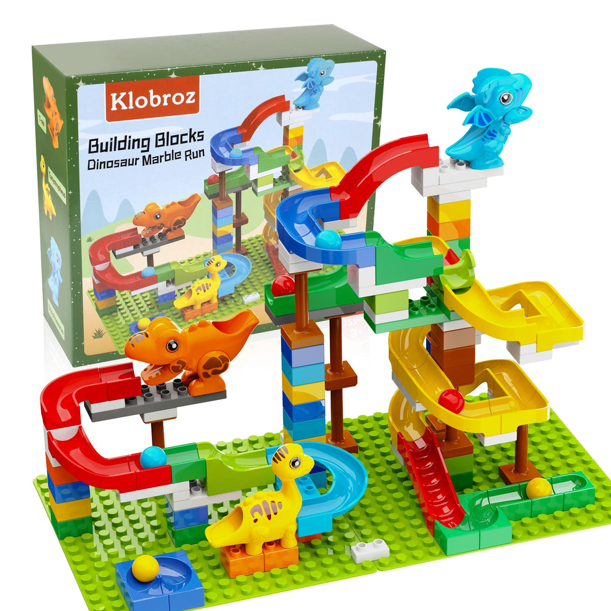 Klobroz dinosaur marble run assembly promotes imaginative construction and problem solving.