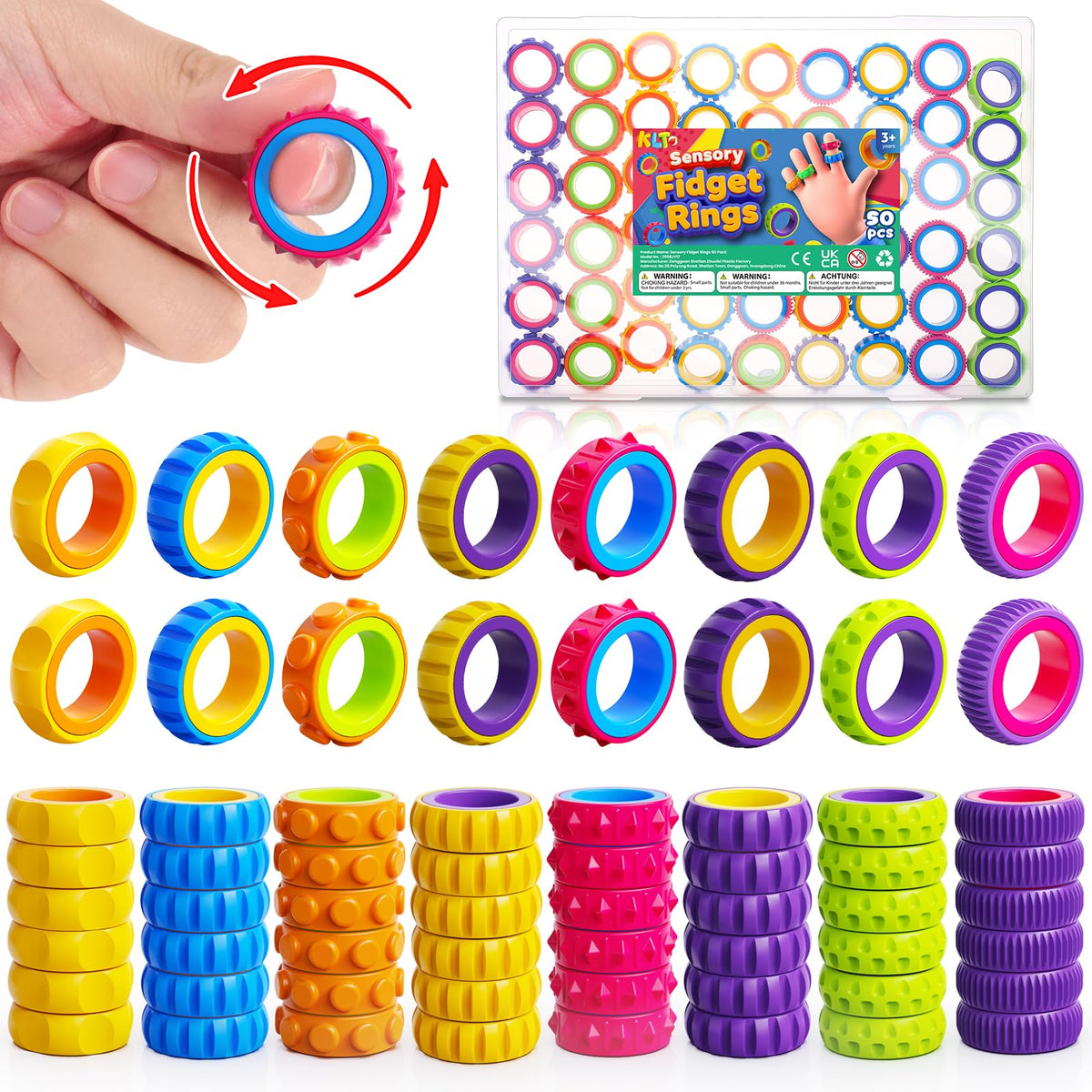 KLT fidget ring 50-pack with bright textures for interactive play and calm focus