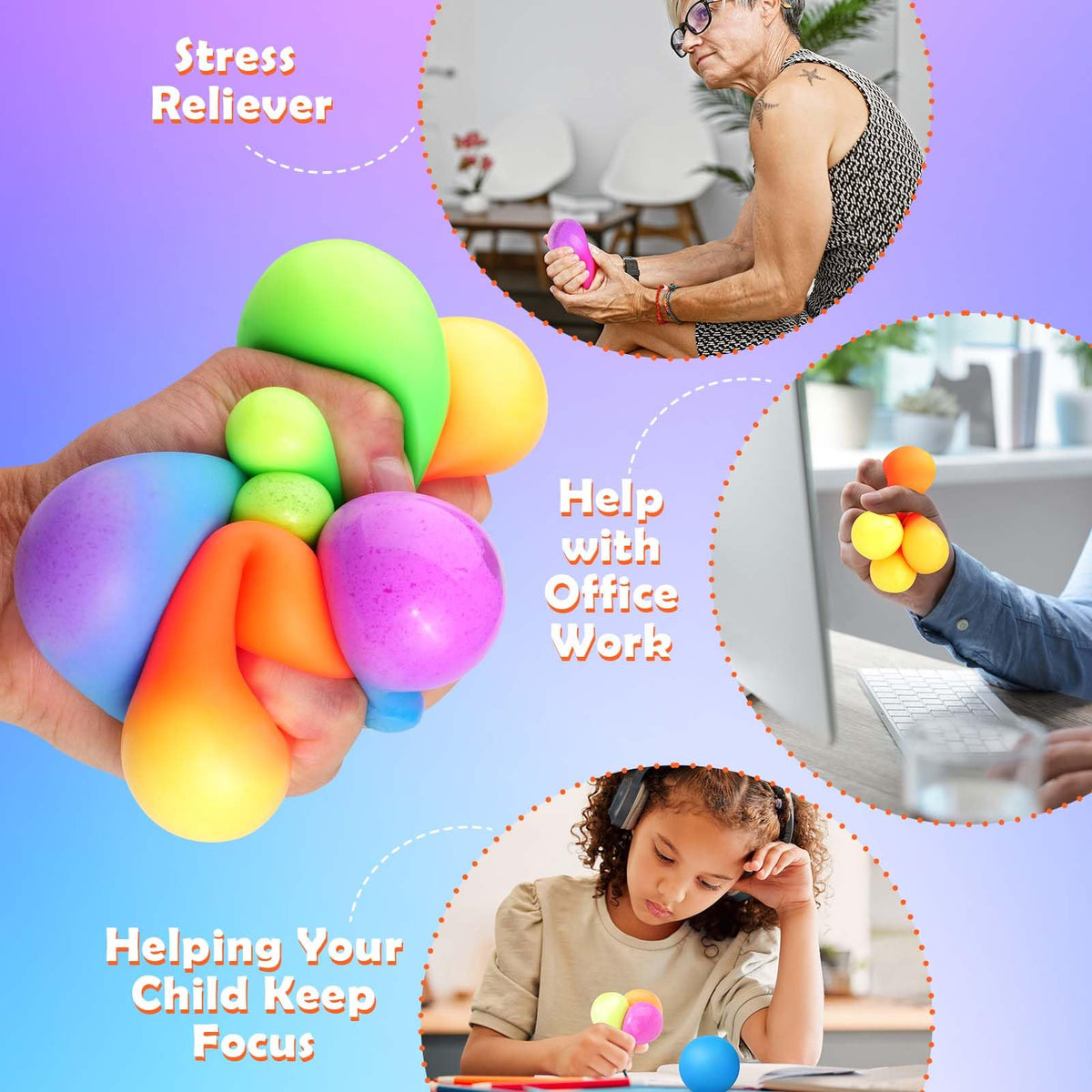 KLT blue-to-pink color-changing stress ball for desk use and play.