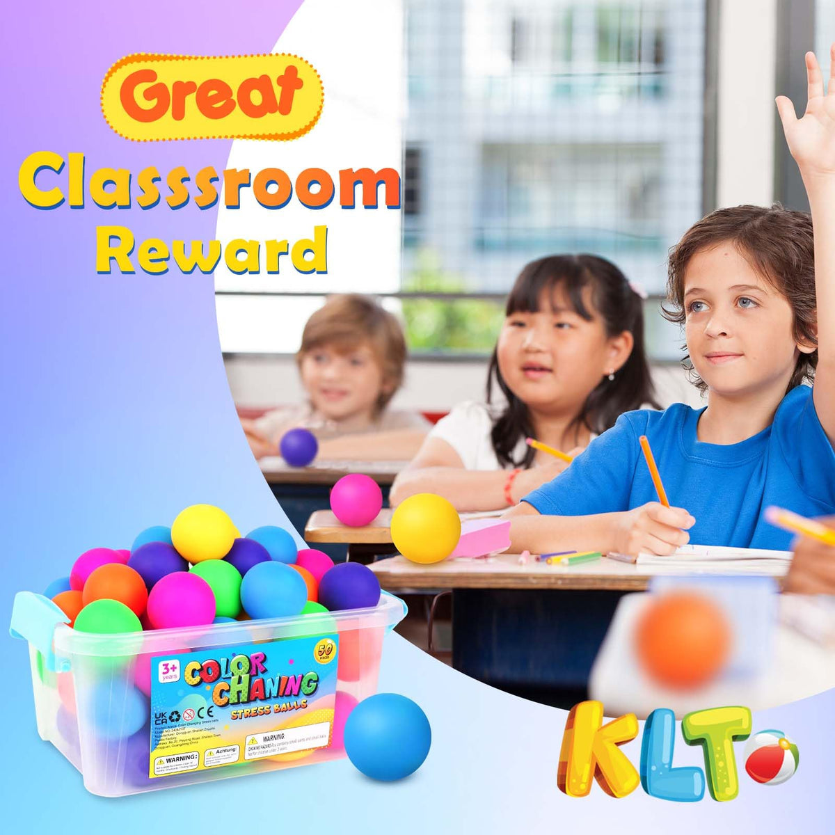 KLT purple-to-blue color-changing stress ball for sensory exploration.