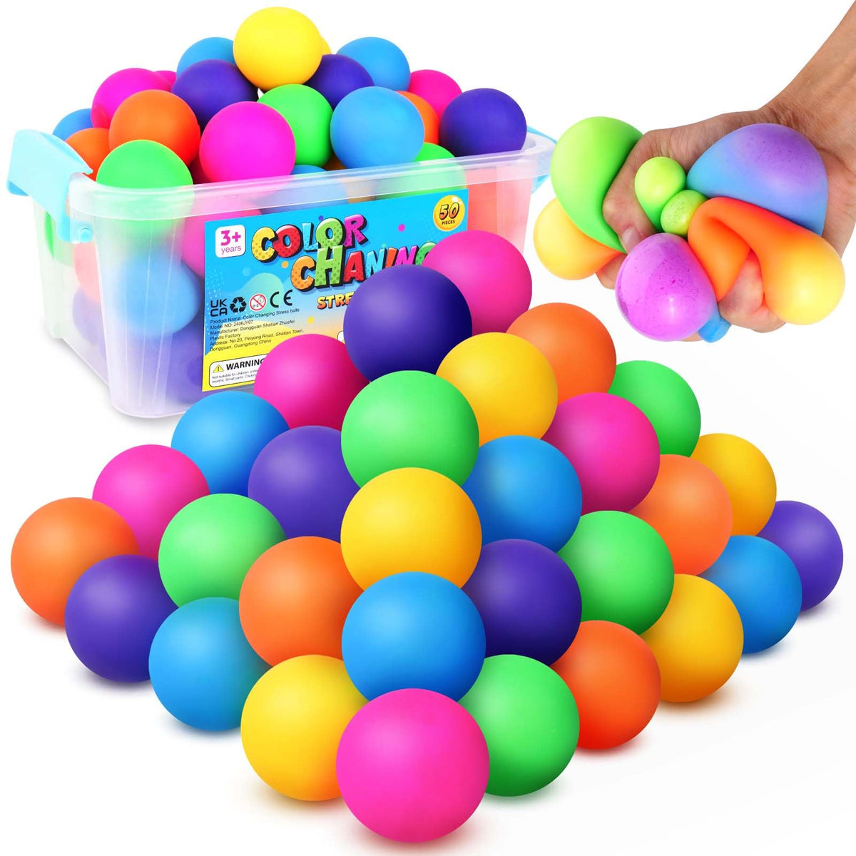 KLT 50-pack color-changing mini stress balls for classroom rewards and sensory play.