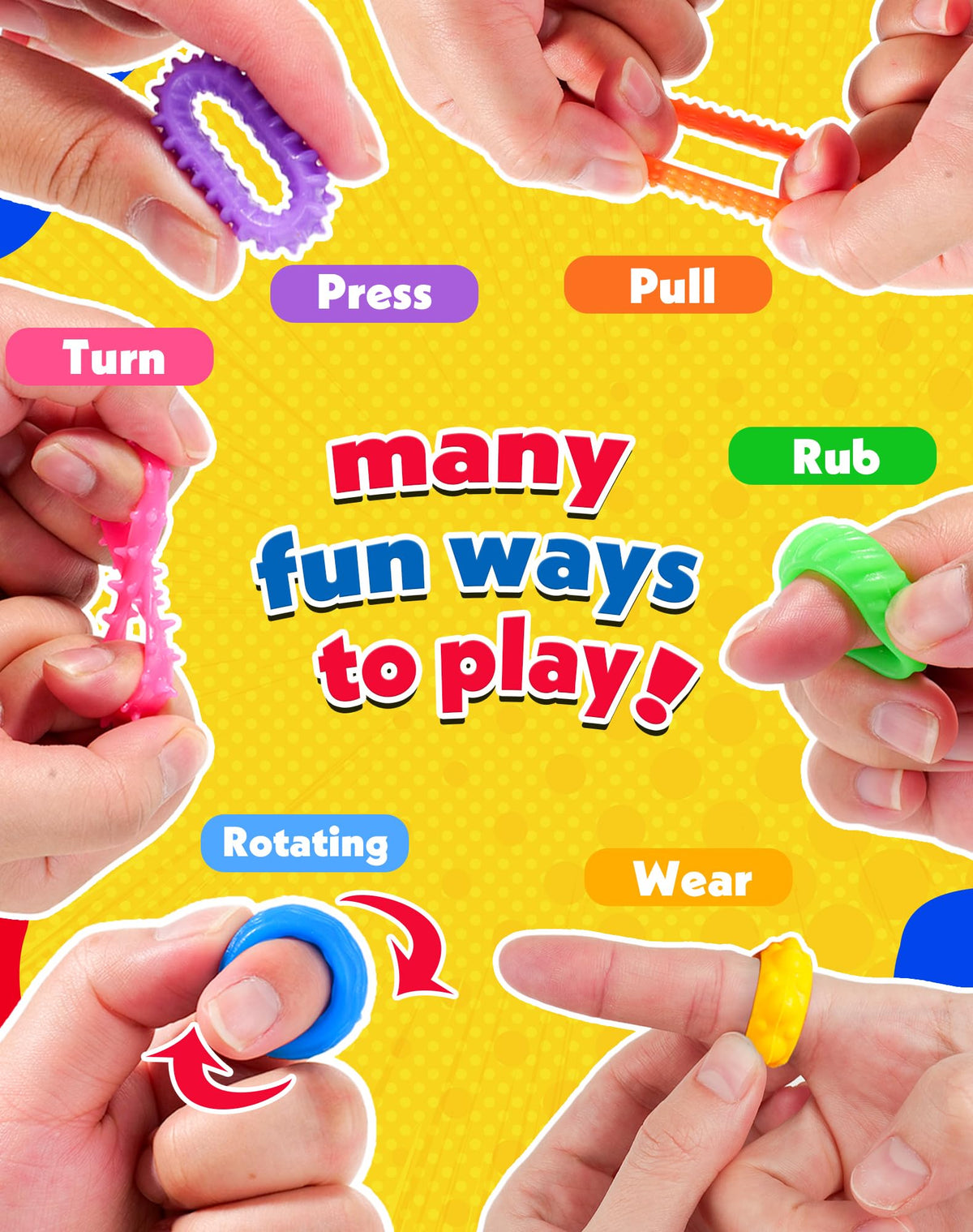 KLT six-texture fidget rings close-up highlights tactile variety.