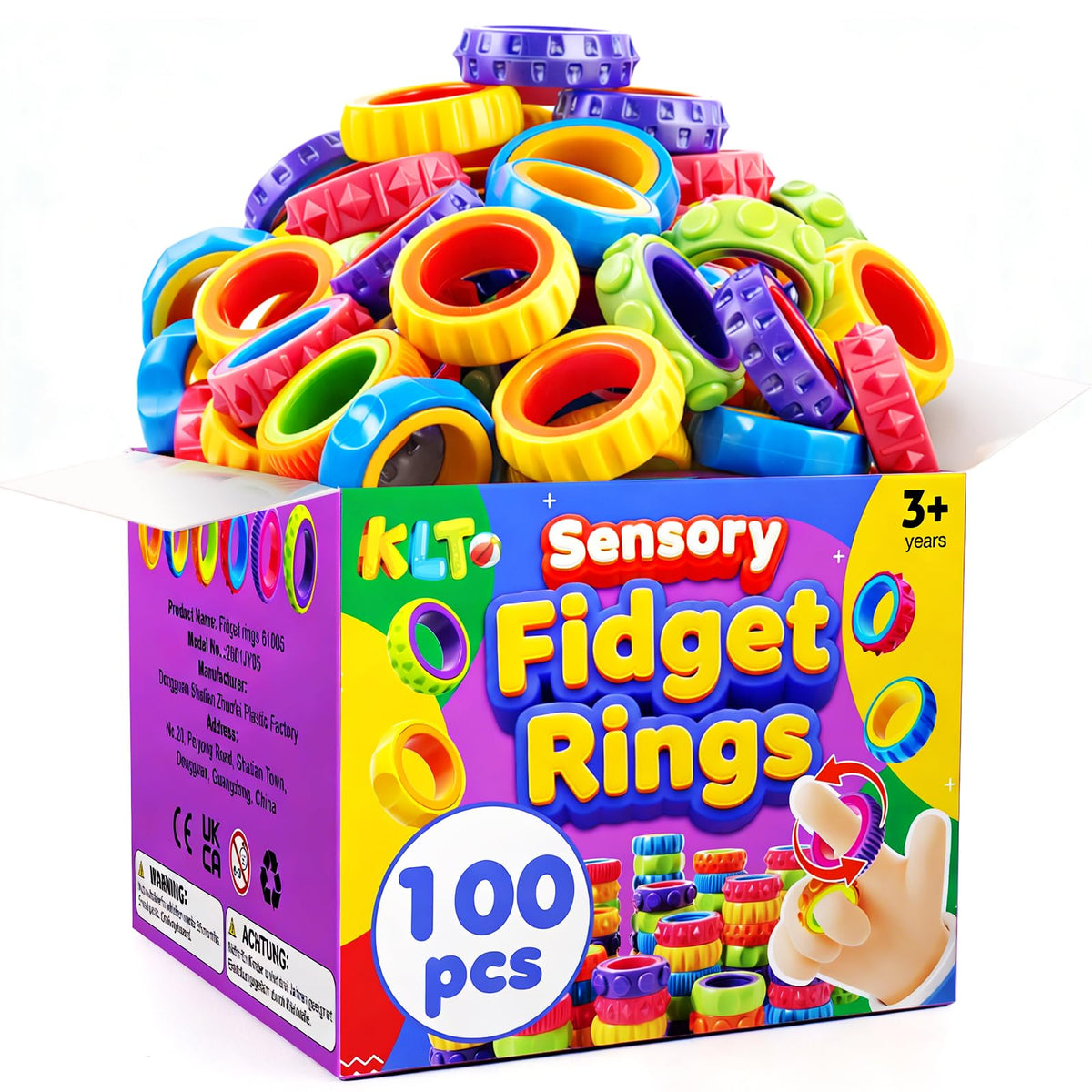 KLT textured spinner ring bulk display for classroom prizes and party favors.