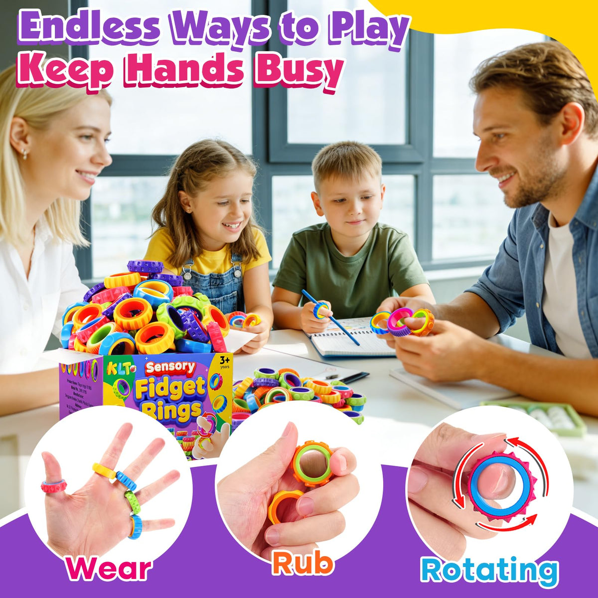 KLT goodie bag packaging featuring durable one-piece fidget rings.