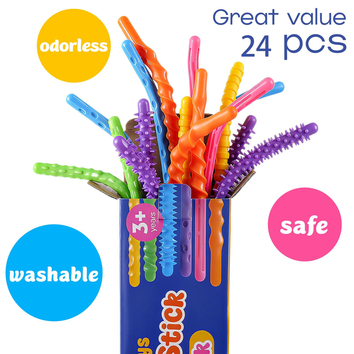 KLT washable silicone sensory sticks ready for quick cleanup after play.