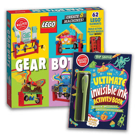 Klutz LEGO Gear Bots building kit showing gear-driven machines for hands-on learning.