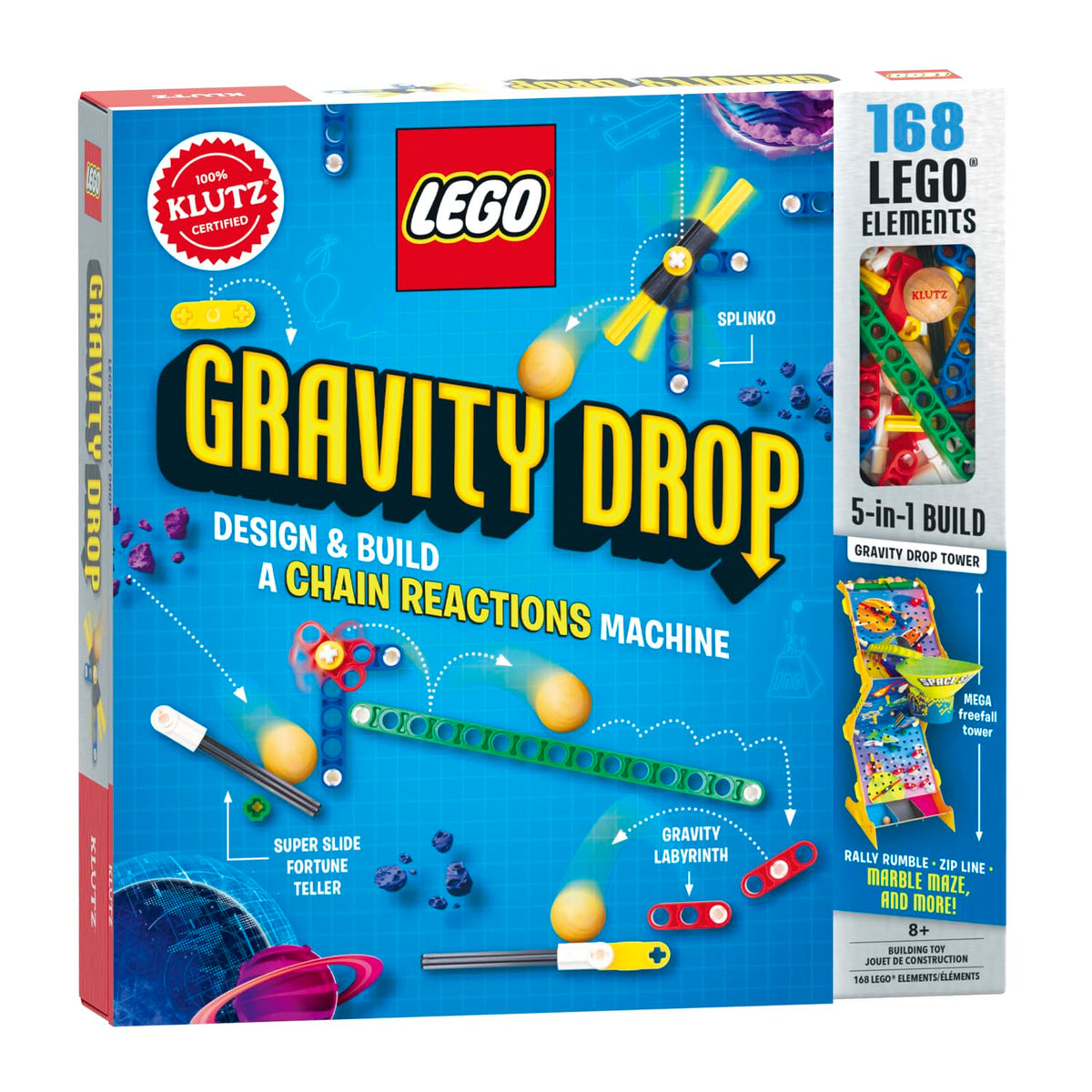 Klutz LEGO Gravity Drop Tower assembly showing a customizable, physics-inspired construction