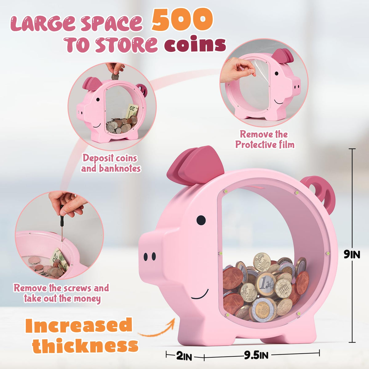 KMC pink piggy bank with transparent panel for monitoring savings