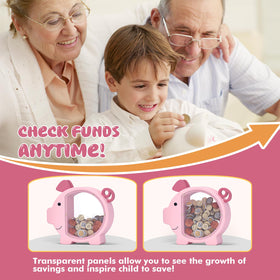 KMC pink piggy bank with dimensions 9.5 x 9 x 2 inches