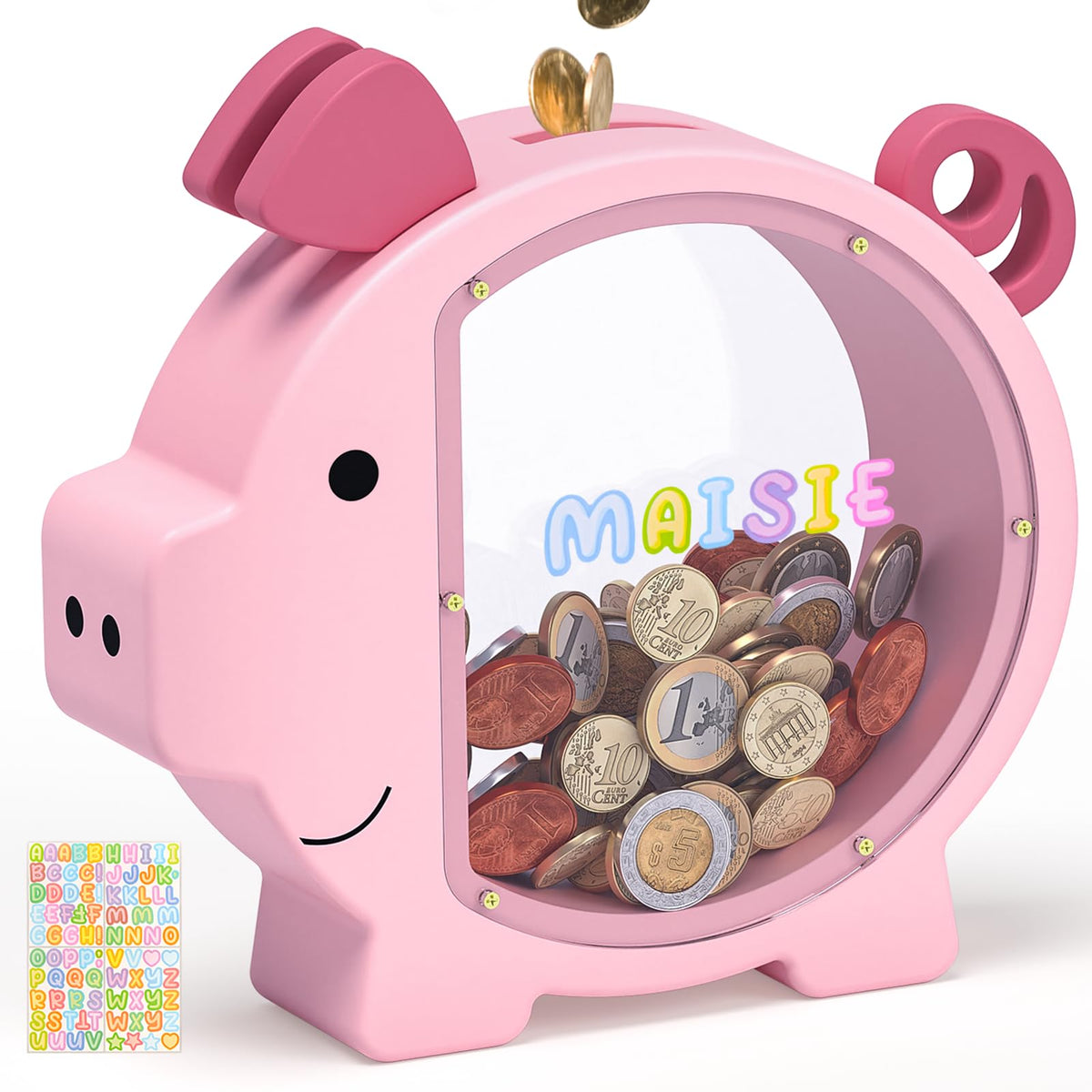 KMC pink wooden piggy bank front view highlighting cute design