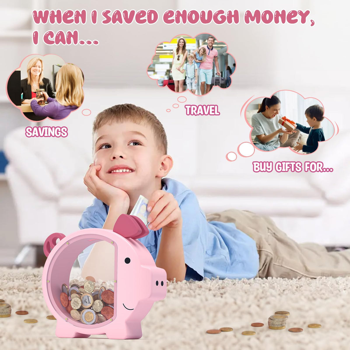 KMC pink piggy bank side view showing compact size