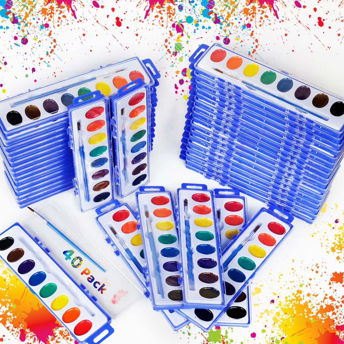 KMLYDGS 40-pack watercolor packs in case with brush for kids' art projects.