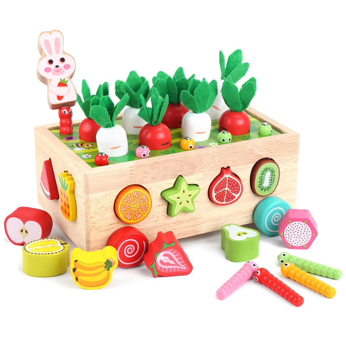 KMTJT Montessori wood fruit blocks for toddlers improve shape recognition during play.