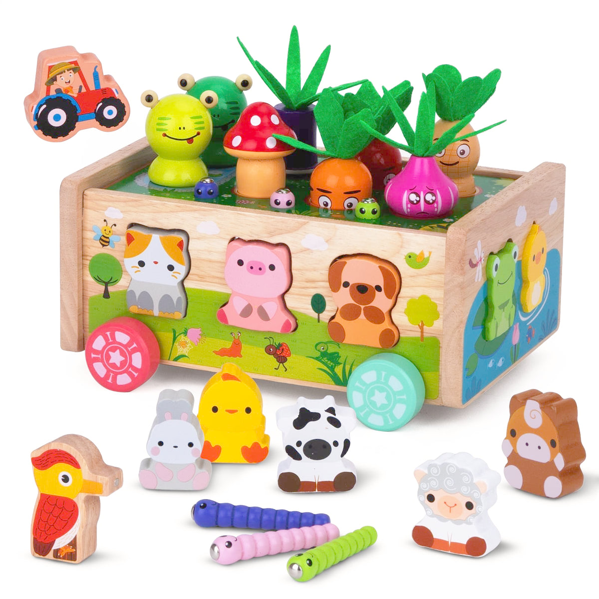 KMTJT Montessori wooden sorting cart enhances shape and color recognition during play.