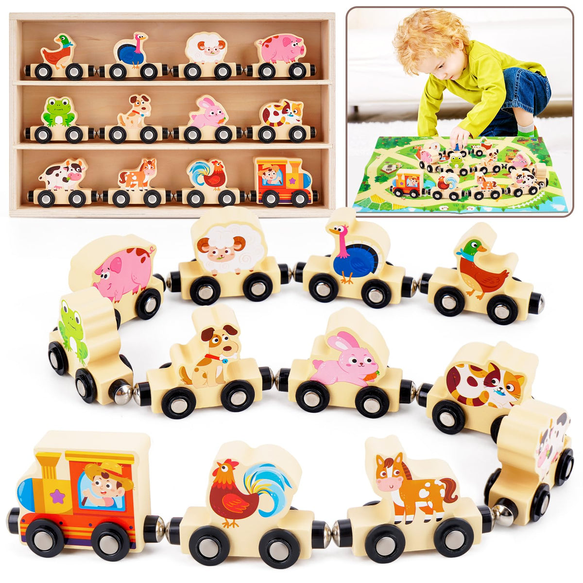 KMTJT Montessori wooden train set with locomotive promotes imaginative play