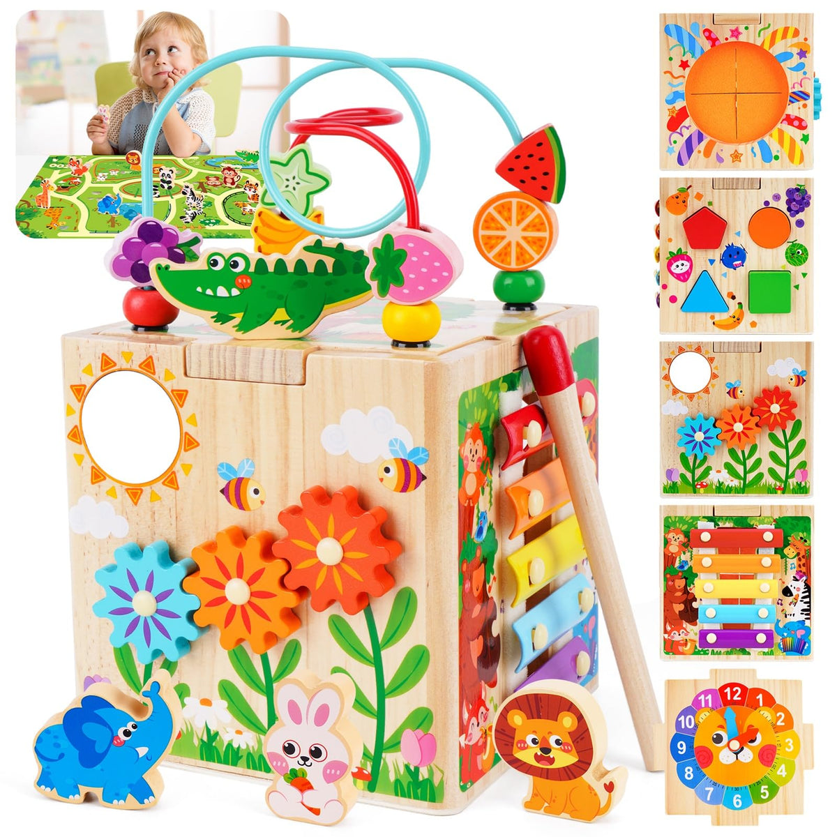 KMTJT wooden activity cube with bead maze boosts fine motor skills and concentration.