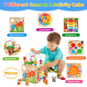 KMTJT wooden activity cube includes a learning clock to support early time recognition.