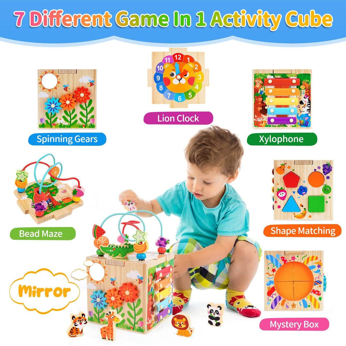 KMTJT wooden activity cube includes a learning clock to support early time recognition.